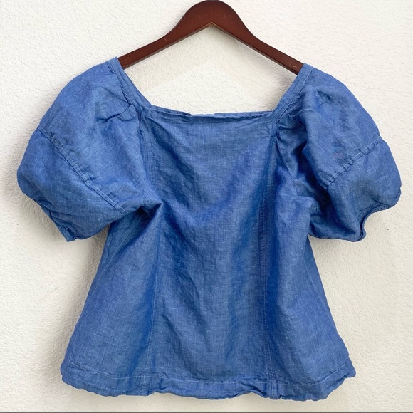 ANN TAYLOR Chambray Puff Sleeve Square Neck Blouse - Picture 7 of 12